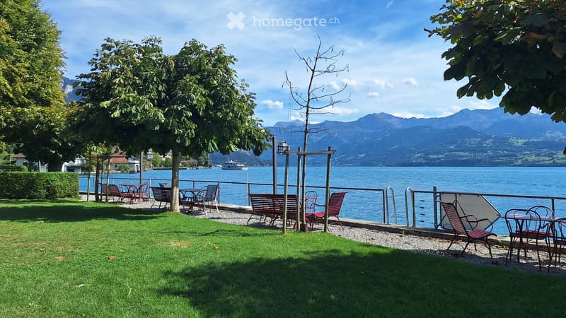 Lush green lawn with benches and tables, overlooking a serene lake and distant mountains.