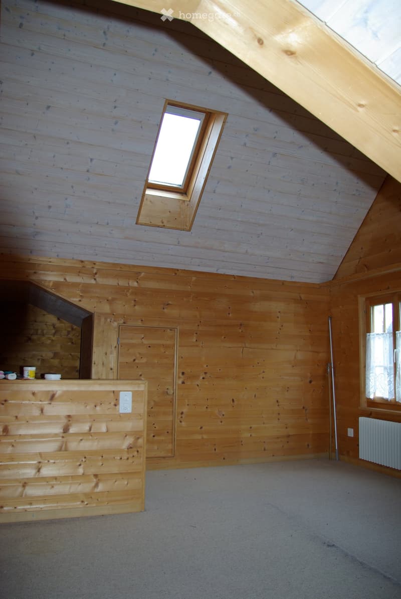 Empty attic room with wooden walls and ceiling, skylight window, and built-in wooden cabinet with small items on top.