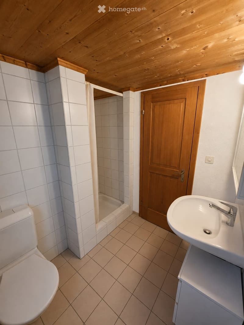 Bathroom with white tiled walls, a toilet, a sink with a modern faucet, and a wooden door leading to a shower area.