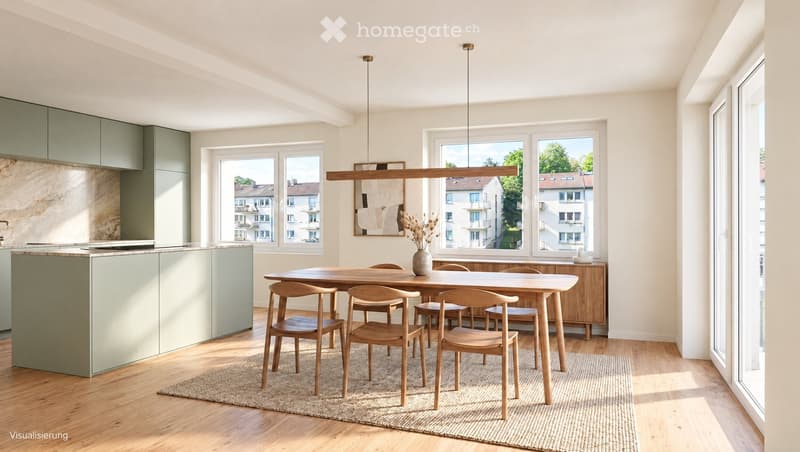 Modern kitchen with light green cabinets, a wooden dining table surrounded by chairs, and large windows overlooking a cityscape.