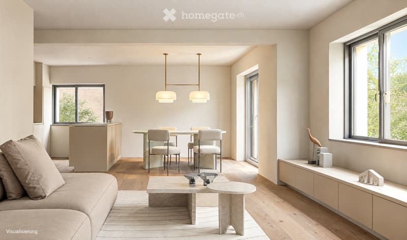 Modern, open-concept living and dining area with light-colored wood flooring, large windows, a sofa, coffee table, dining table with chairs, and decorative items.