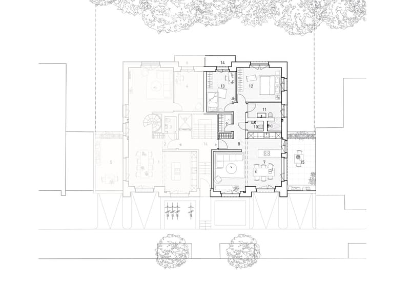 Floor plan of a multi-level residential building with labeled rooms including living areas, bedrooms, bathrooms, and outdoor spaces.