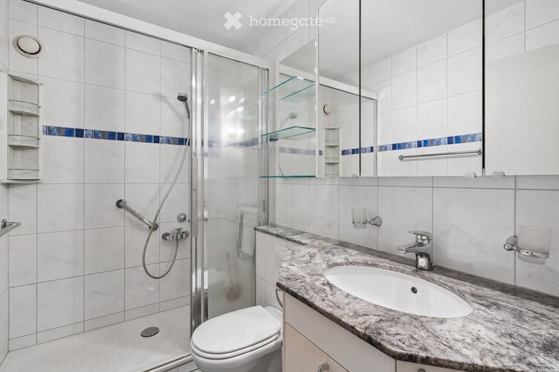 Modern bathroom with white tiles, a glass-enclosed shower, a toilet, a double sink with granite countertop, and built-in glass shelves.