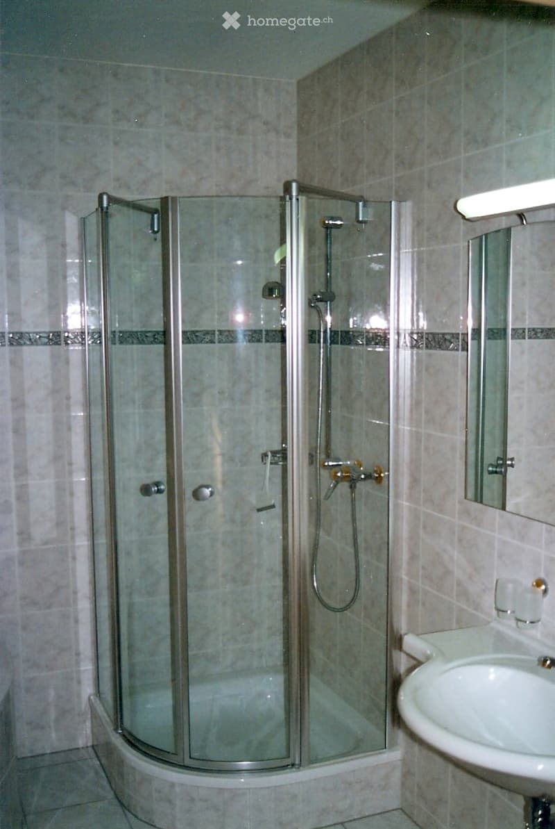 Bathroom with glass shower enclosure, white sink, mirror, and tiled walls.