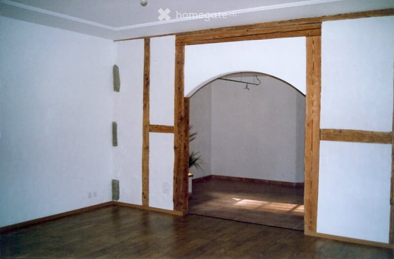 empty room, wooden floor, white walls, wooden arch, plant in corner