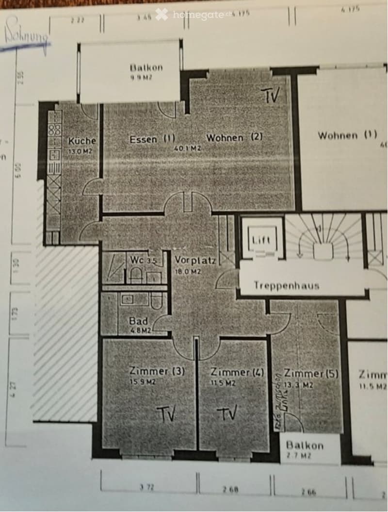 Floor plan of a multi-room apartment with labeled areas including kitchen, living room, bedrooms, bathrooms, balconies, and a staircase.
