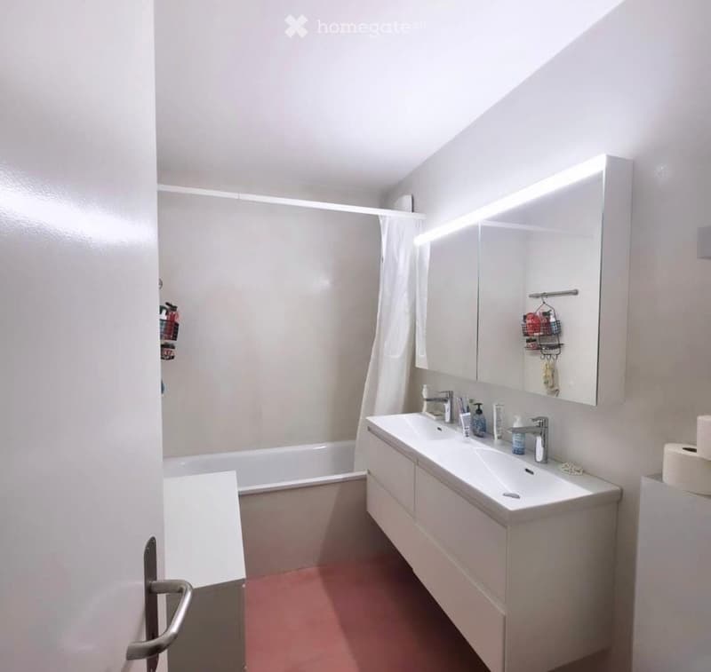 Modern bathroom with a white bathtub, double sink vanity with mirrored cabinet, and a shower area with a curtain. The floor is red, and the walls are white.