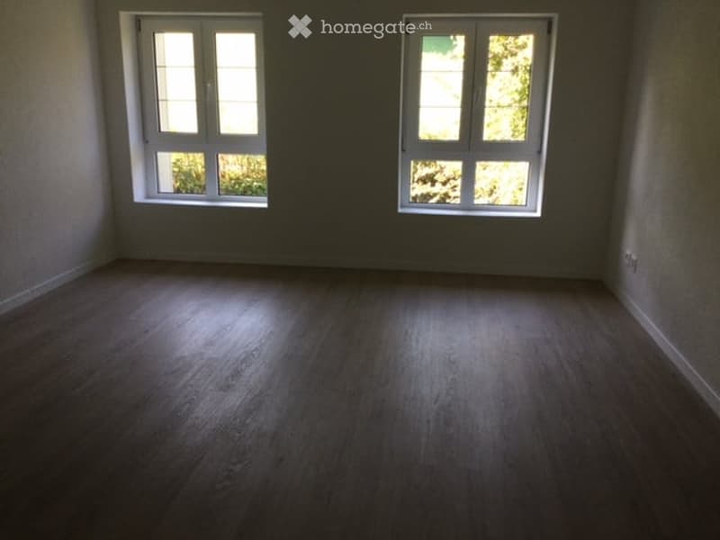Empty room with wooden flooring and two windows, no furniture or equipment present.