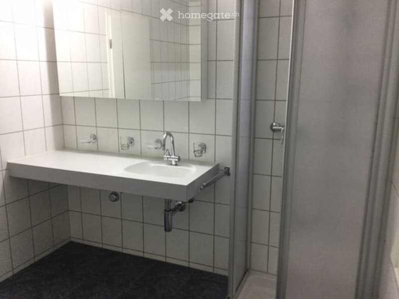 Modern bathroom with white tiled walls, a white sink with a chrome faucet, a large mirror above the sink, and a glass-enclosed shower stall.