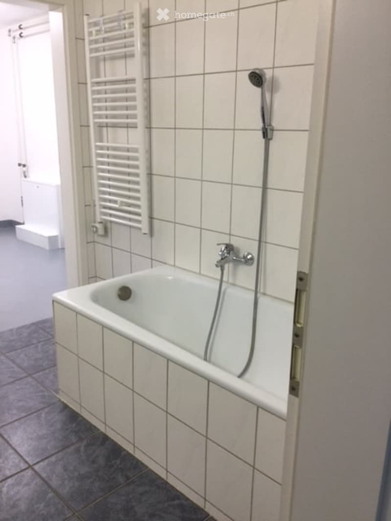 Modern bathroom with a white tiled bathtub, a handheld showerhead, a chrome faucet, and a white towel rack mounted on the wall.