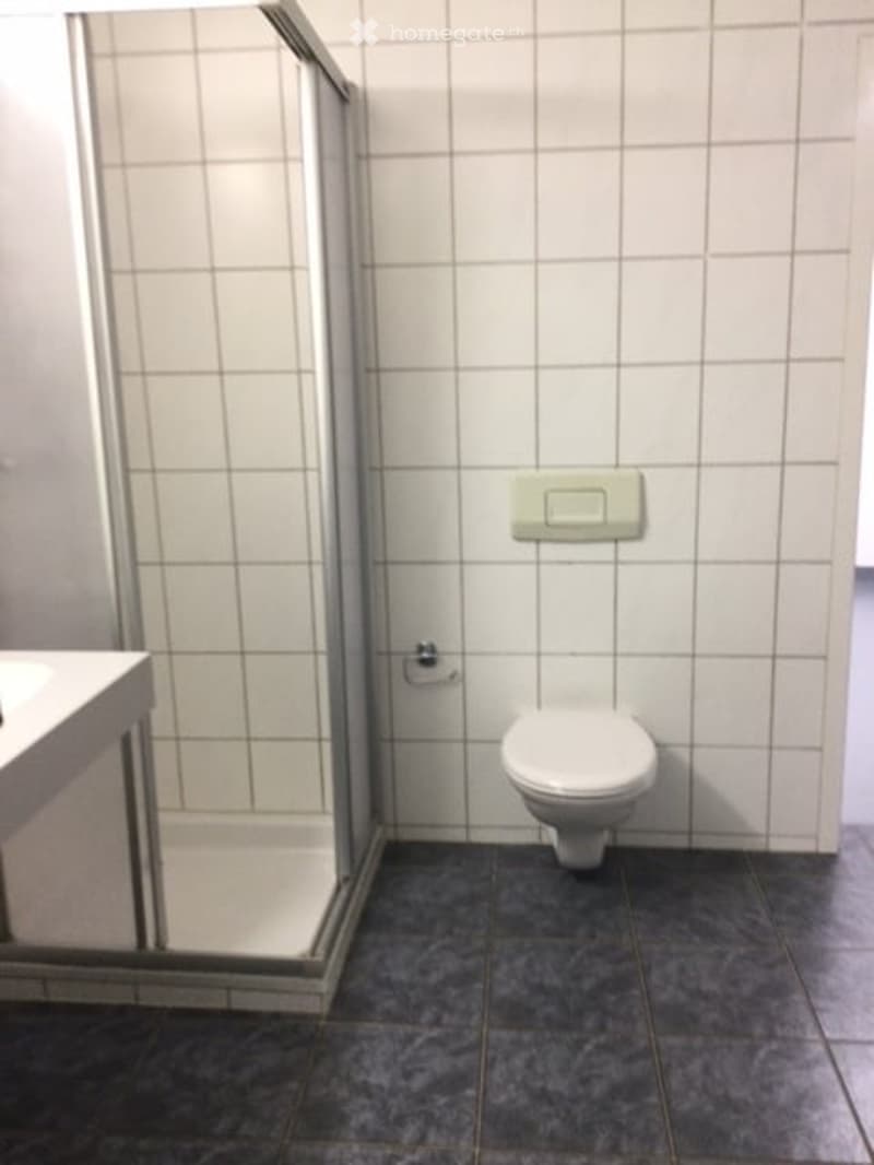 Modern bathroom with white tiled walls, a toilet, and a glass-enclosed shower stall.