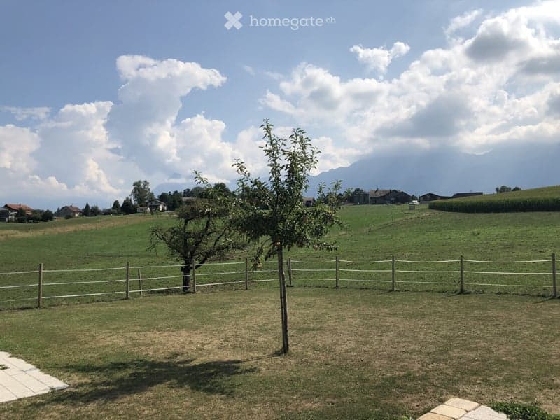 A peaceful rural garden with a fenced area, a small tree, and a view of distant mountains and scattered houses.