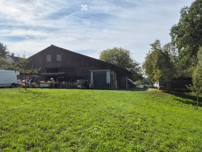 A large, well-maintained lawn in front of a wooden barn with a garage, surrounded by trees and parked vehicles.