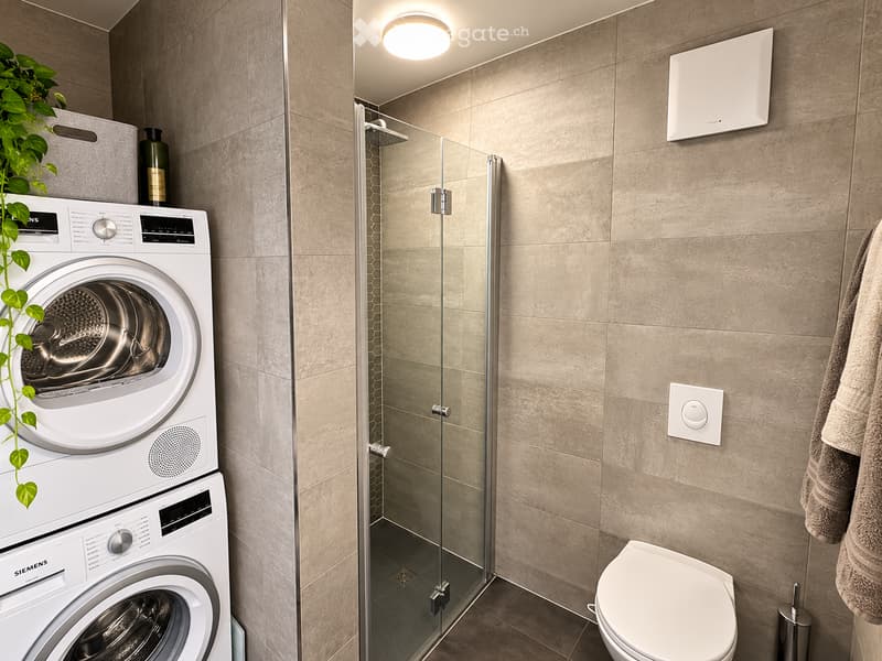 Modern bathroom with a glass-enclosed shower, a white toilet, a stacked washing machine, and a towel hanging on the wall.