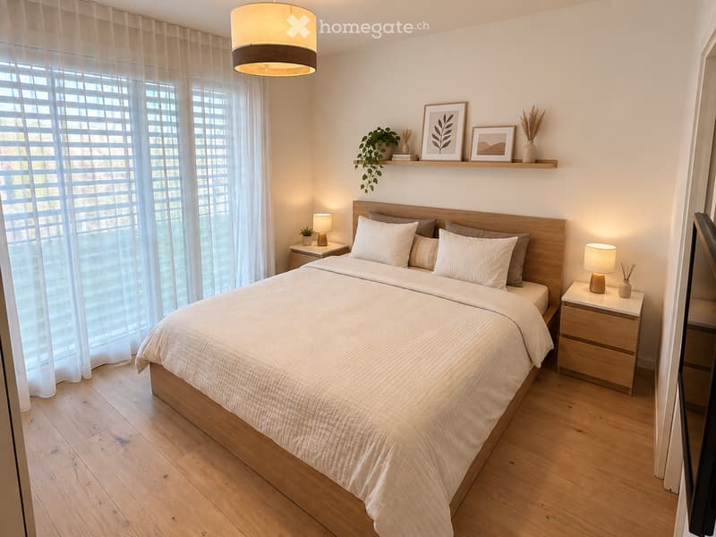 Modern bedroom with a large bed, nightstands, lamps, and decorative items on a shelf.