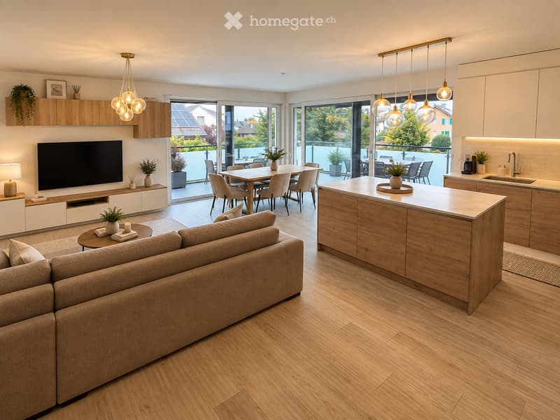 Open-plan living and dining area with a modern kitchen. Features a beige sofa, coffee table, flat-screen TV, wooden dining table with chairs, and a central kitchen island with pendant lighting. Large windows provide access to a balcony with outdoor seatin
