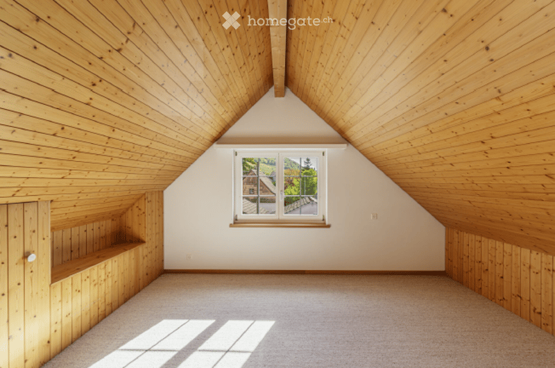 Empty attic room with wooden walls and ceiling, large window showing outdoor view, built-in wooden shelf on one side.