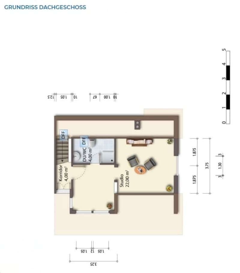 Floor plan of a roof floor showing a studio, living area, and several rooms including a kitchen, bathroom, and storage spaces.