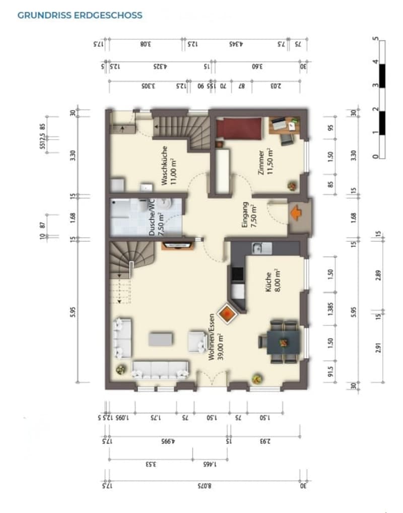 Ground floor floor plan showing a spacious living area, dining area, kitchen, and several bedrooms with bathrooms. Includes dimensions and room labels.