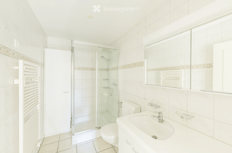 Modern bathroom with white tiles, a glass-enclosed shower, a sink with a mirror, and a toilet.