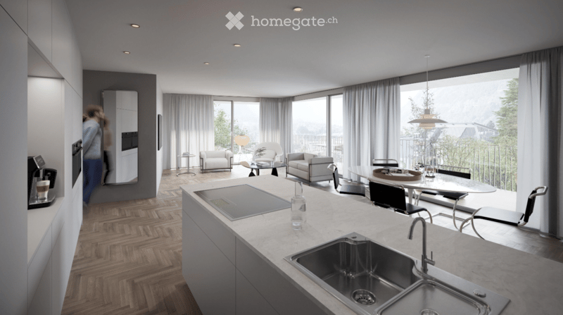 modern kitchen with large windows, wooden floor, stainless steel appliances, dining area with table and chairs, living room with couches and coffee table, balcony with railings