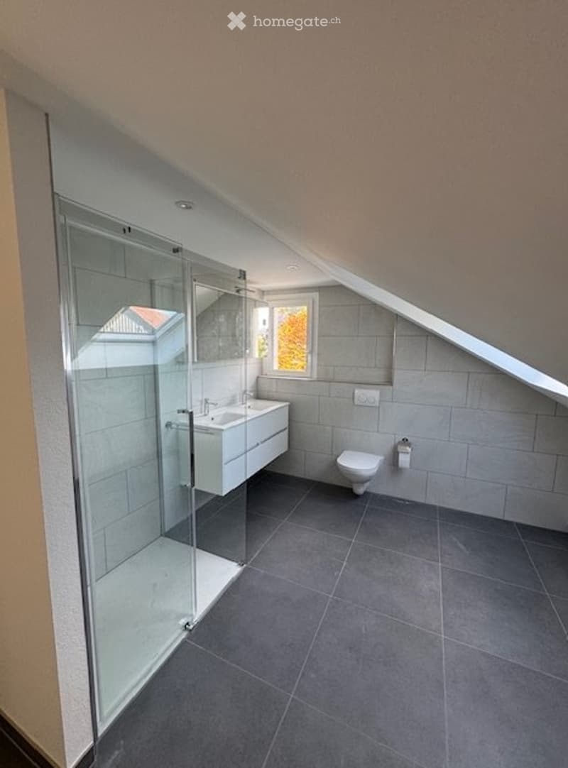 Modern bathroom with grey tiles, white sink, toilet, and glass shower enclosure. Features a skylight and a window with yellow foliage view.