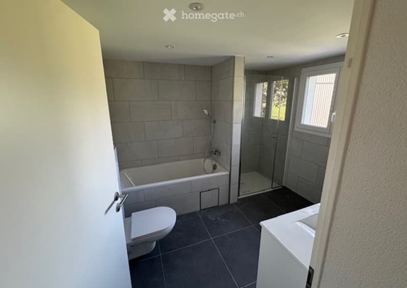 Modern bathroom with a bathtub, toilet, sink, and a glass-enclosed shower. Grey tiles and dark flooring.