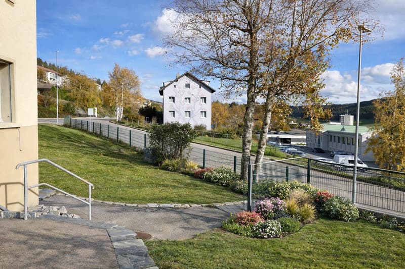A well-maintained garden area with a metal fence, steps leading up to a building, and various flowering plants and shrubs.