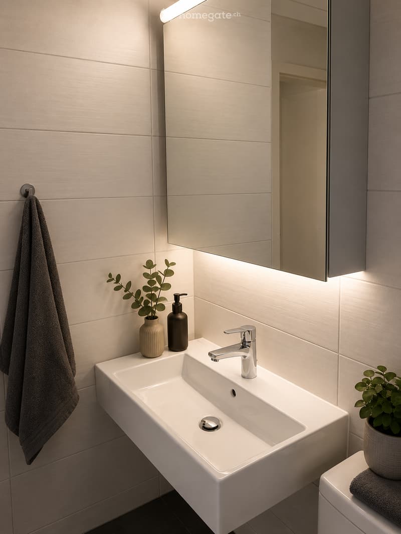 Modern bathroom with a white sink, chrome faucet, built-in mirror with LED lighting, and decorative plants on the counter.