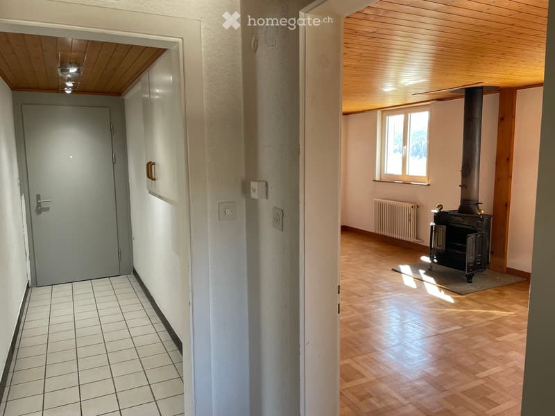 Hallway with tiled floor and wooden ceiling, leading to a room with a fireplace and wooden flooring.