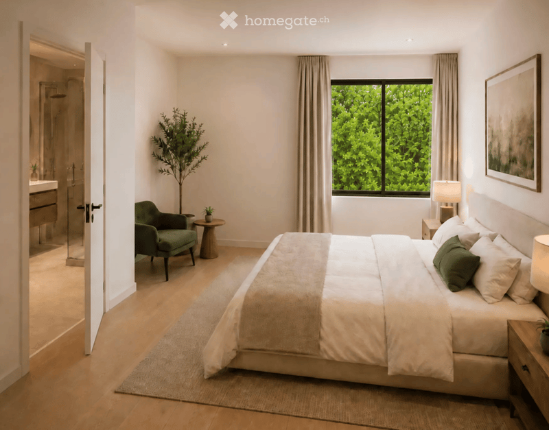 Modern bedroom with a large bed, nightstands, a green armchair, a small table, and a large window with a view of greenery.