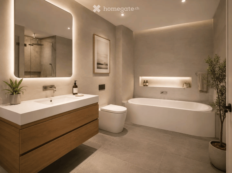 Modern bathroom with a white sink, wooden cabinet, bathtub, toilet, large mirror, and decorative plant.