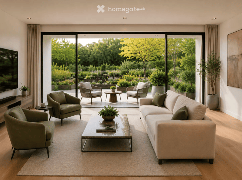 Modern living room with large glass doors opening to a garden, featuring a beige sofa, glass coffee table, armchairs, and a television console.