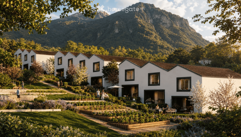Modern white buildings with large windows and a brown tiled roof, surrounded by a well-maintained garden and lush greenery, with a scenic mountain backdrop.