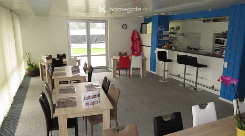 The image shows an open-plan living space with a dining area, kitchen, and lounge area. The space has large windows, a blue accent wall, and various furniture and decor items. The kitchen area is visible and appears to have a dishwasher.