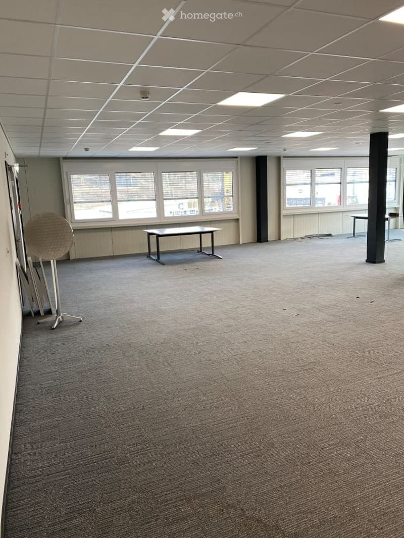 empty room, carpeted floor, two tables, windows with blinds, ceiling lights