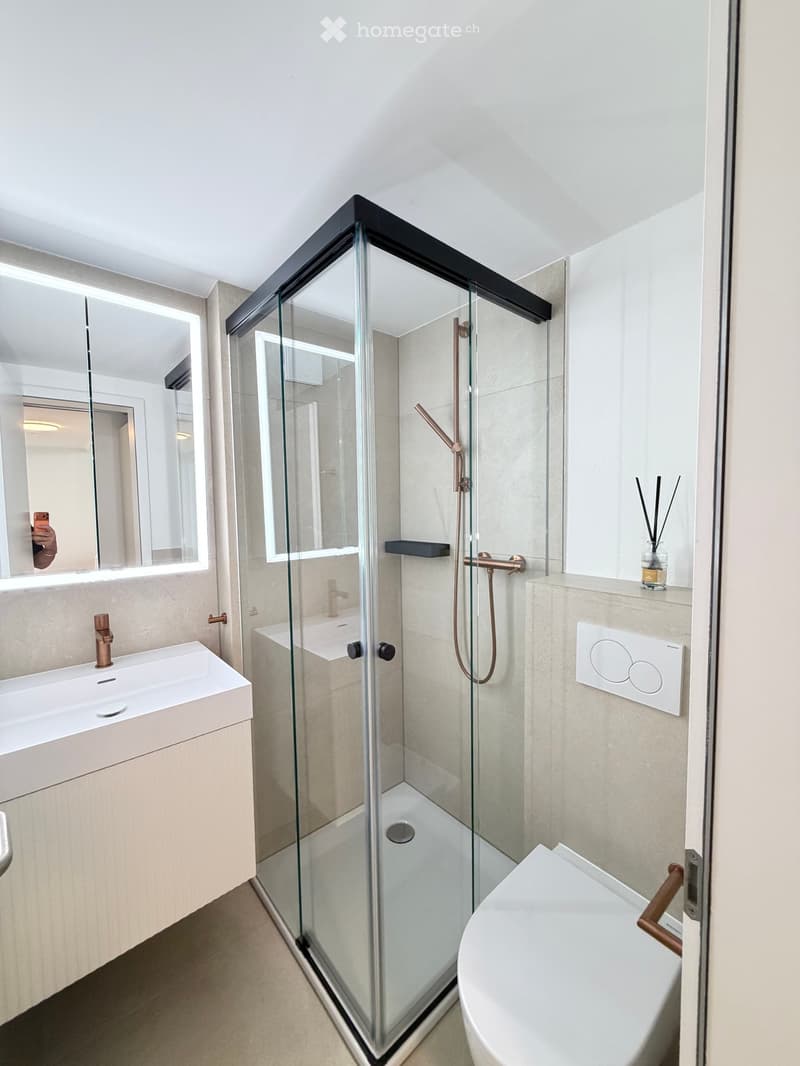 Modern bathroom with a glass-enclosed shower, a white sink with a copper faucet, a toilet, and a large mirror with built-in lighting.