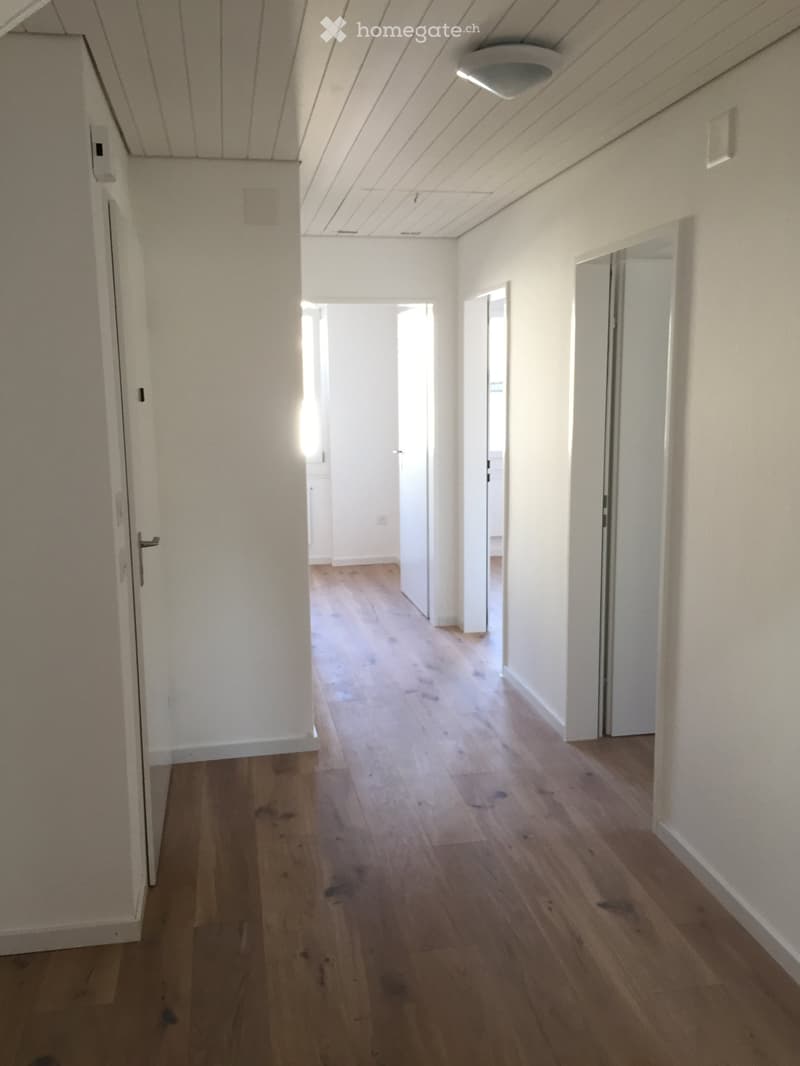 Empty hallway with light wooden flooring, white walls, and several doors leading to other rooms.