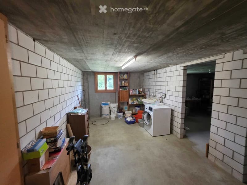The room is a utility space with a washing machine, sink, shelves, and various storage items. The walls are tiled, and the floor is concrete.
