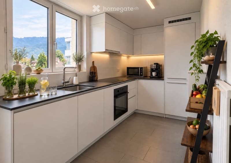 Modern kitchen with white cabinets, black countertops, and a view of mountains through large windows. Includes a sink, microwave, coffee maker, oven, and various decorative items like plants and vases.