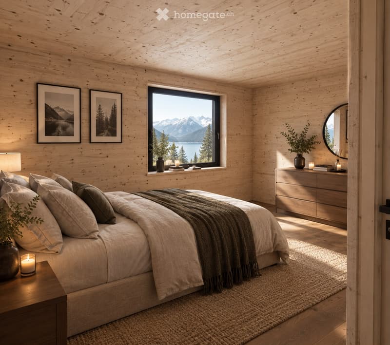 Cozy bedroom with wooden walls and ceiling, large window overlooking a mountain view, neatly made bed with pillows and blanket, nightstand with lamp, mirror, and decorative items.