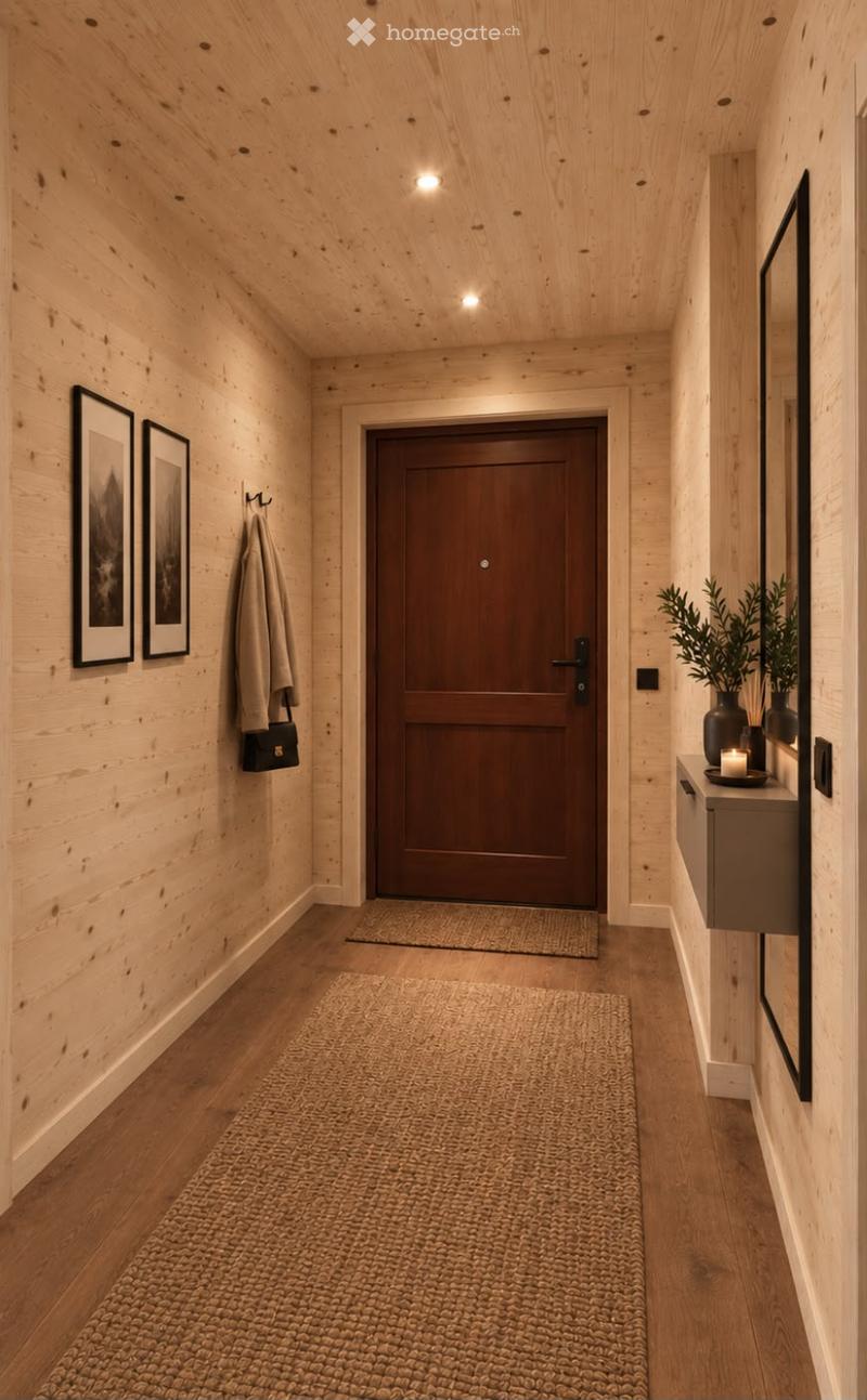 Cozy hallway with wooden walls and floors, featuring a large central door, two framed pictures, a small console table with a candle and plant, and a woven rug.