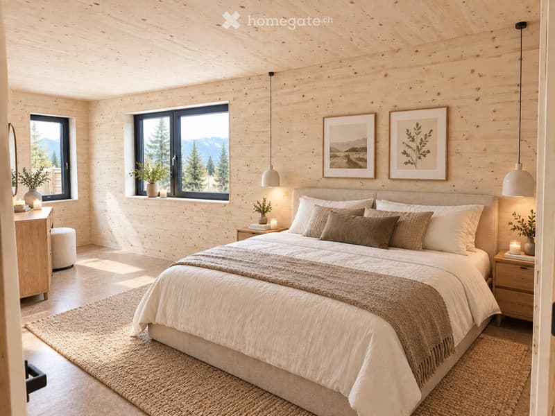 Cozy bedroom with wooden walls and ceiling, large windows offering a scenic mountain view, a neatly made bed with pillows and a blanket, nightstands with lamps, a mirror, and decorative plants.