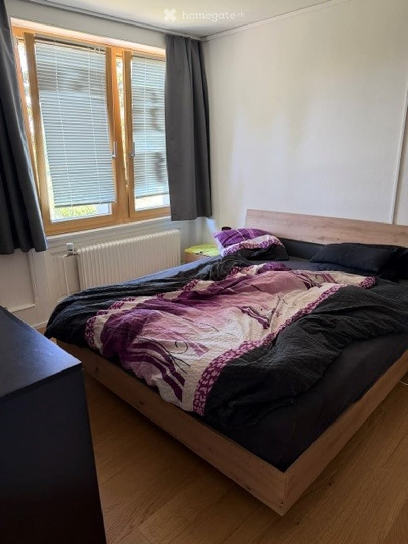 Cozy bedroom with a wooden bed, colorful bedding, a nightstand, and a radiator near the window.