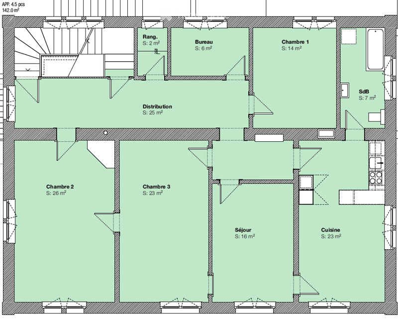 Floor plan of a 142.0 m² apartment with3 bedrooms, a living room, a kitchen, a bathroom, a hallway, and a storage area.