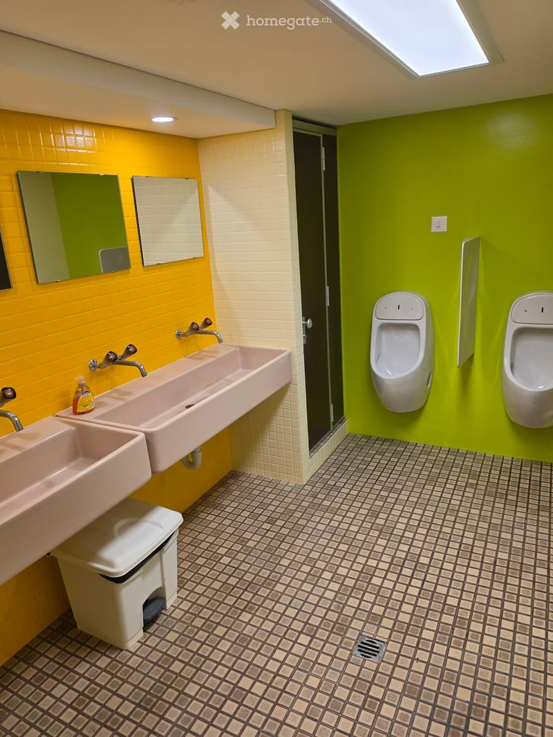 Brightly colored bathroom with yellow and green walls, featuring two sinks, two urinals, mirrors, and a toilet. The floor has a patterned tile design.