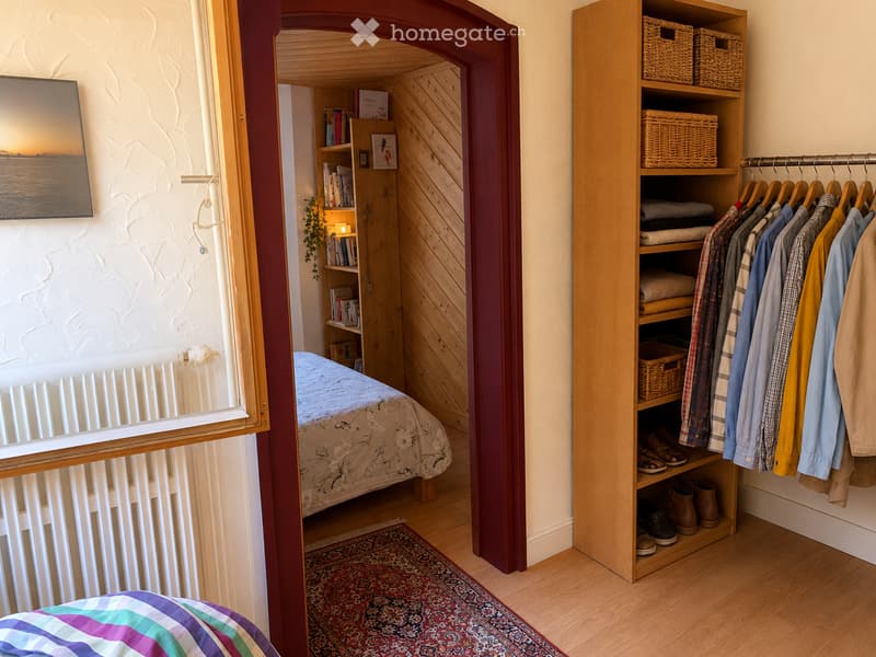 Cozy bedroom with a bed, bookshelf, wardrobe, and a picture frame on the wall. Wooden flooring and a patterned rug are visible.
