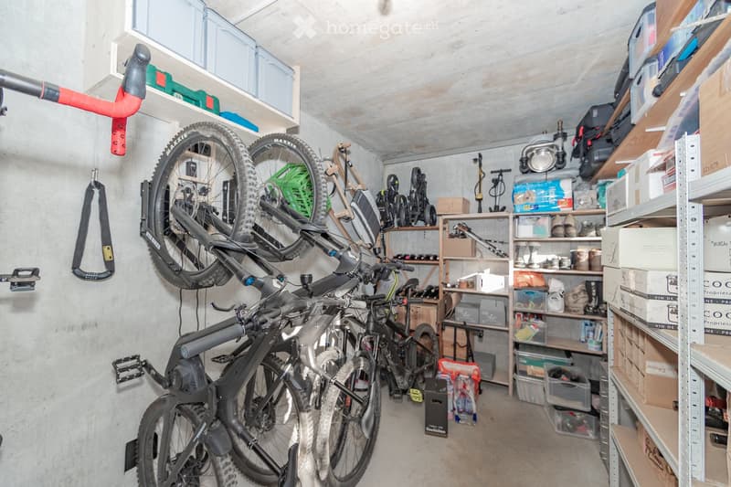 Garage with bicycles mounted on wall racks, shelves filled with tools and storage boxes, and a variety of equipment.