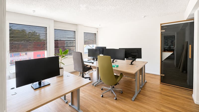 Modern office space with wooden flooring, large windows with blinds, and multiple desks equipped with computer monitors, keyboards, and mice. Two ergonomic chairs are positioned at the desks, and a potted plant adds a touch of greenery to the room.