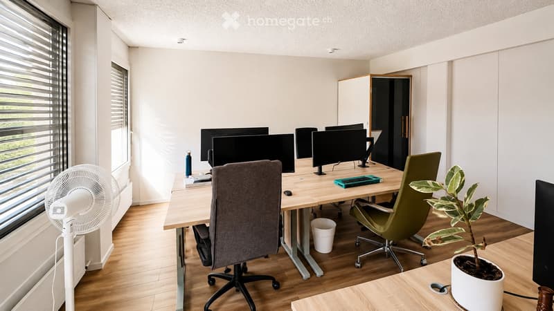 Modern office space with a large wooden table, multiple computer screens, ergonomic chairs, a standing fan, and a potted plant. The room features large windows with blinds and a clean, minimalist design.